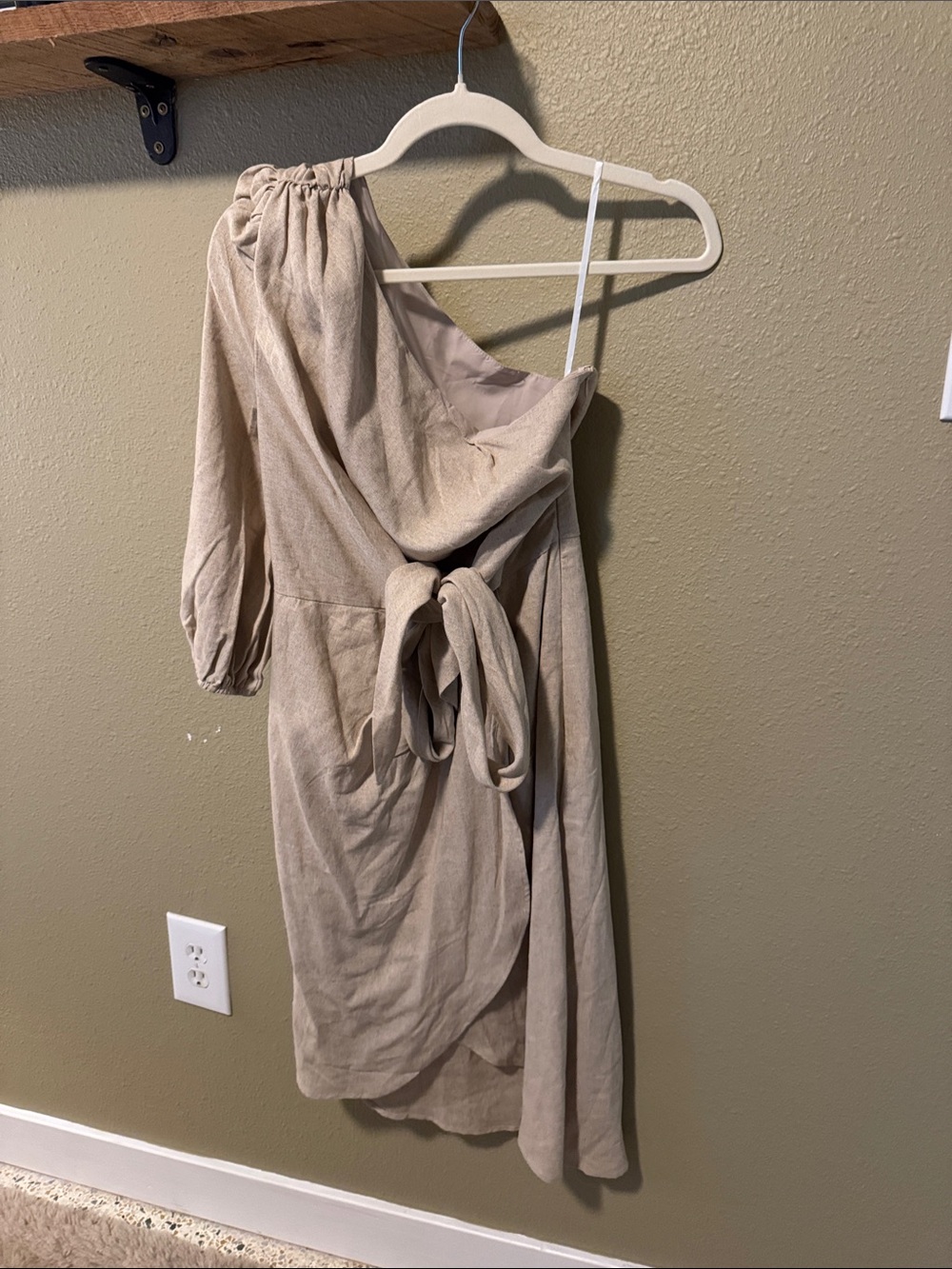One-Shoulder Beige Wrap Dress